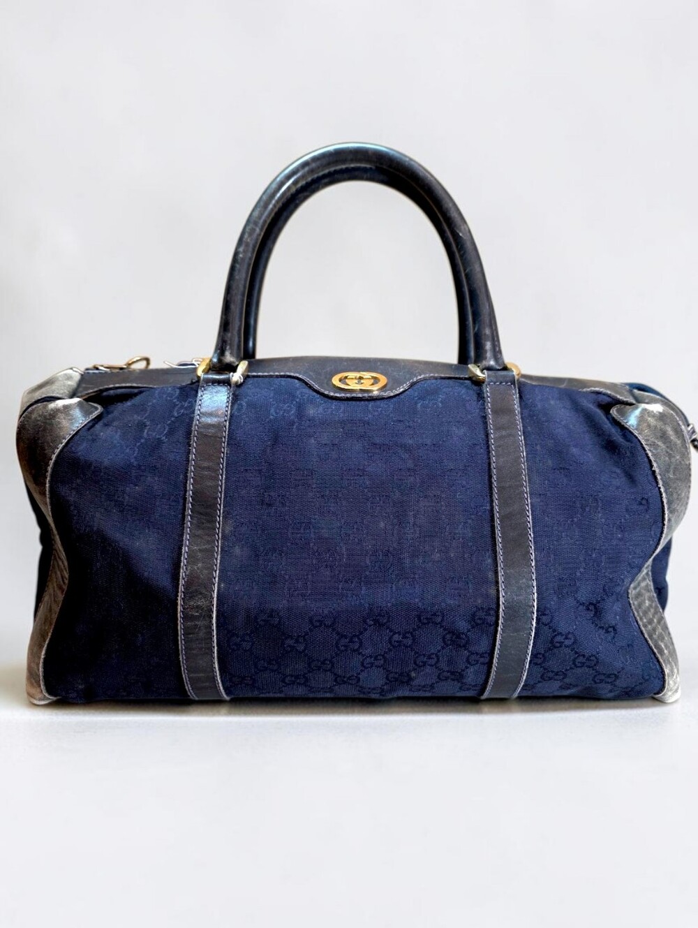 Gucci GG Boston Duffel Bag Navy Canvas & Black Leather Vintage